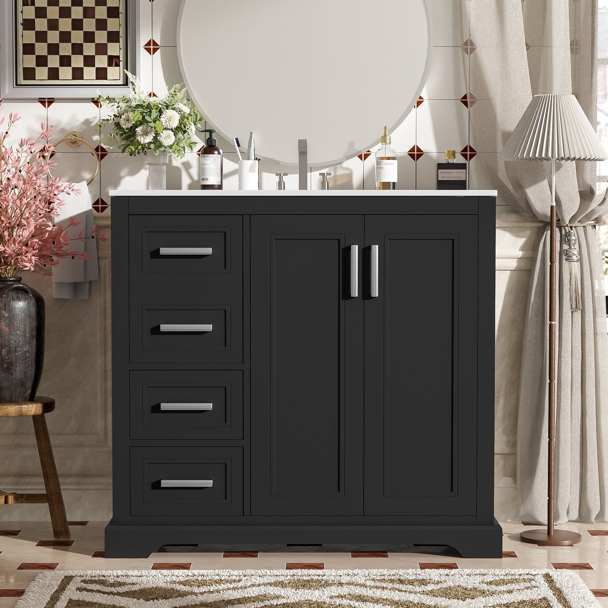 36 Inch Black Modern Bathroom Vanity with Ceramic Sink Soft Close Doors 3 Drawers Adjustable Shelf Solid Wood & MDF