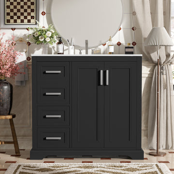 36 Inch Black Modern Bathroom Vanity with Ceramic Sink Soft Close Doors 3 Drawers Adjustable Shelf Solid Wood & MDF