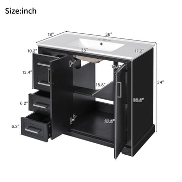 36 Inch Black Modern Bathroom Vanity with Ceramic Sink Soft Close Doors 3 Drawers Adjustable Shelf Solid Wood & MDF