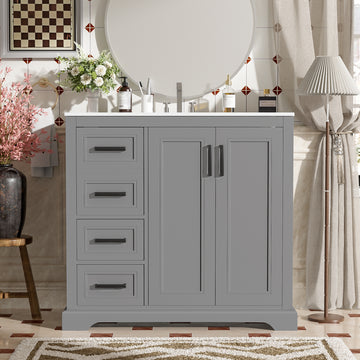 36 Inch Grey Modern Bathroom Vanity with Ceramic Sink Soft Close Doors 3 Drawers Adjustable Shelf Solid Wood & MDF