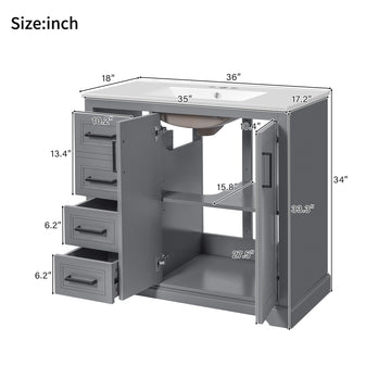 36 Inch Grey Modern Bathroom Vanity with Ceramic Sink Soft Close Doors 3 Drawers Adjustable Shelf Solid Wood & MDF