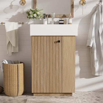 21.6 Inch Bathroom Vanity with Ceramic Sink Freestanding Left Door Wood Grain Cabinet Open and Closed Storage