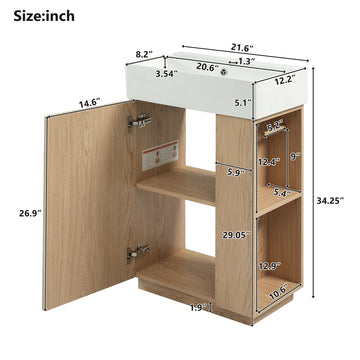21.6 Inch Bathroom Vanity with Ceramic Sink Freestanding Left Door Wood Grain Cabinet Open and Closed Storage