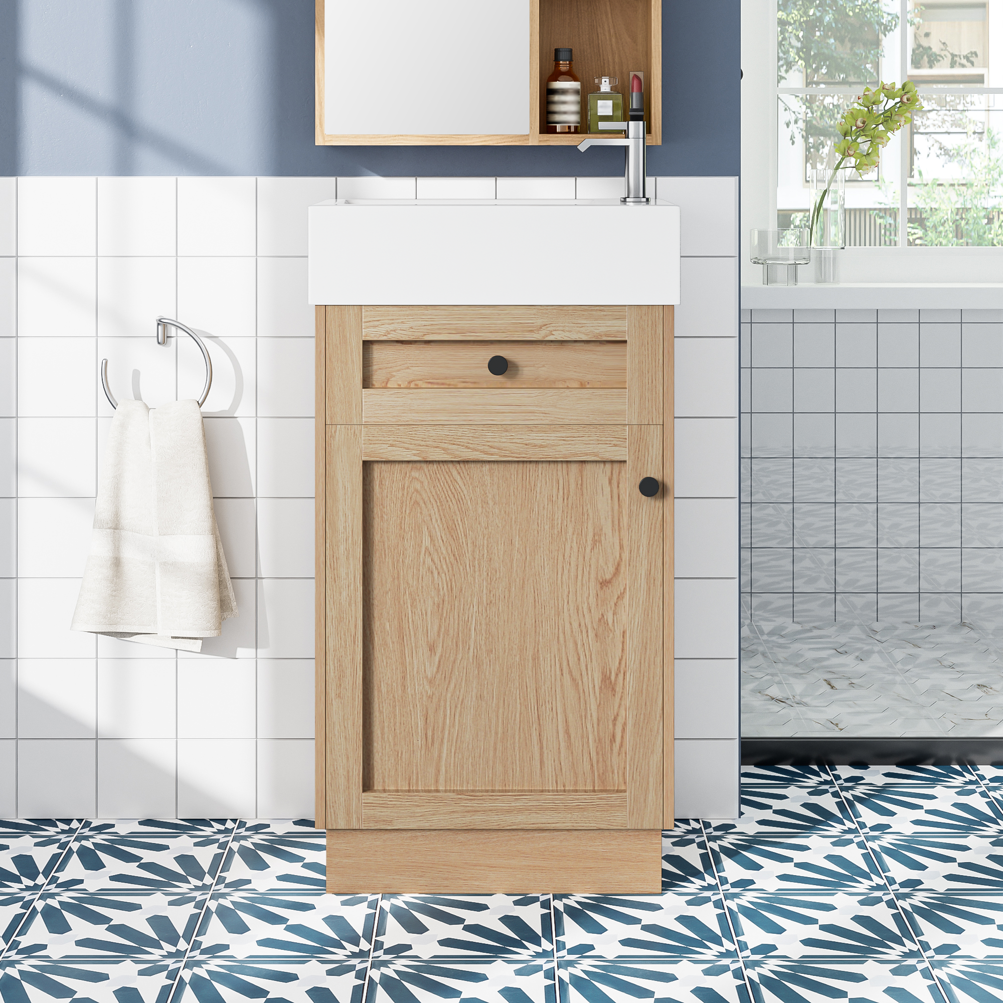 18.5 Inch Bathroom Vanity with Resin Sink MDF Cabinet Adjustable Shelf Reversible Door Wood Grain Melamine Finish