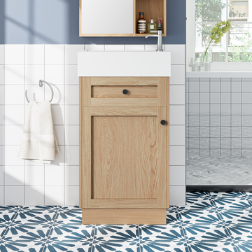 18.5 Inch Bathroom Vanity with Resin Sink MDF Cabinet Adjustable Shelf Reversible Door Wood Grain Melamine Finish