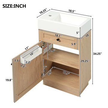 18.5 Inch Bathroom Vanity with Resin Sink MDF Cabinet Adjustable Shelf Reversible Door Wood Grain Melamine Finish