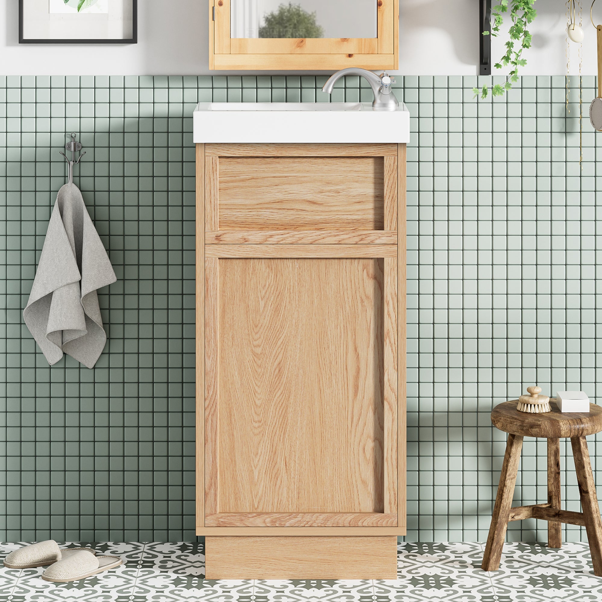 15.75 Inch Rustic Bathroom Vanity with Resin Sink Adjustable Shelf and Reversible Door