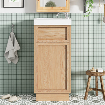 15.75 Inch Rustic Bathroom Vanity with Resin Sink Adjustable Shelf and Reversible Door