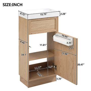 15.75 Inch Rustic Bathroom Vanity with Resin Sink Adjustable Shelf and Reversible Door