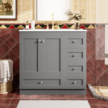 36 Inch Gray Shaker Style Bathroom Vanity with Ceramic Sink 4 Soft Close Drawers 2 Soft Close Doors Free Standing Cabinet
