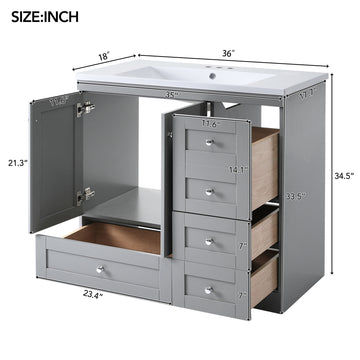 36 Inch Gray Shaker Style Bathroom Vanity with Ceramic Sink 4 Soft Close Drawers 2 Soft Close Doors Free Standing Cabinet