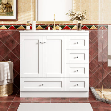 36 Inch Shaker Style Bathroom Vanity with Ceramic Sink 4 Soft Close Drawers 2 Soft Close Doors Free Standing Cabinet
