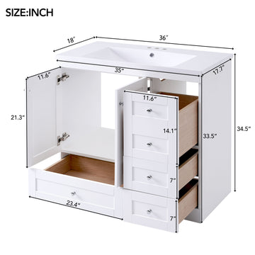 36 Inch Shaker Style Bathroom Vanity with Ceramic Sink 4 Soft Close Drawers 2 Soft Close Doors Free Standing Cabinet