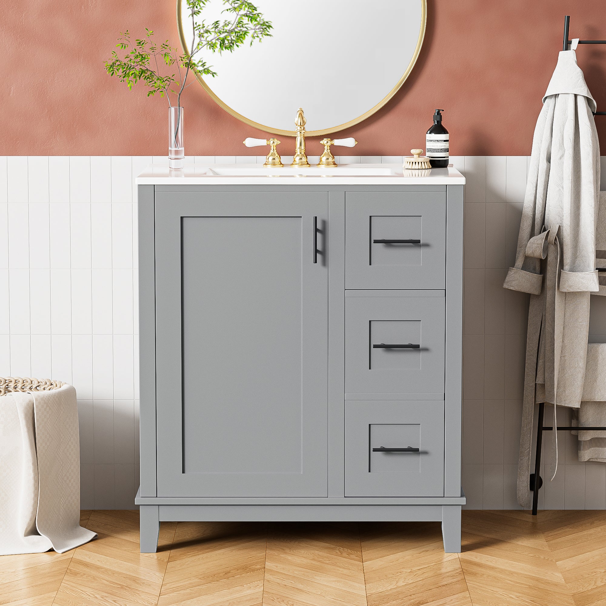 30 Inch Modern Grey Bathroom Vanity with Ceramic Sink Solid Wood Frame and Soft Close Storage