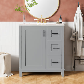 30 Inch Modern Grey Bathroom Vanity with Ceramic Sink Solid Wood Frame and Soft Close Storage