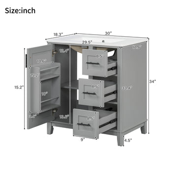 30 Inch Modern Grey Bathroom Vanity with Ceramic Sink Solid Wood Frame and Soft Close Storage