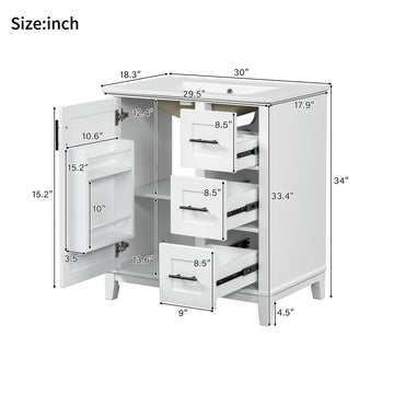 30 Inch Modern Bathroom Vanity with Ceramic Sink Solid Wood Frame and Soft Close Storage