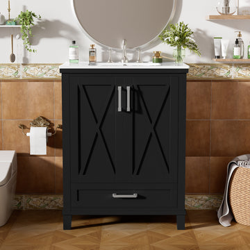 24 Inch Black Bathroom Vanity with Ceramic Sink, Solid Wood + MDF, 2 Soft Close Doors, 1 Divided Drawer, Dual Door Shelves, Modern Storage Design
