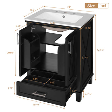 24 Inch Black Bathroom Vanity with Ceramic Sink, Solid Wood + MDF, 2 Soft Close Doors, 1 Divided Drawer, Dual Door Shelves, Modern Storage Design