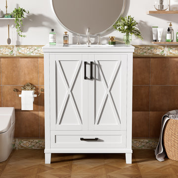 24 Inch White Bathroom Vanity with Ceramic Sink, Solid Wood + MDF, 2 Soft Close Doors, 1 Divided Drawer, Dual Door Shelves, Modern Storage Design