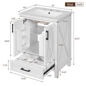 24 Inch White Bathroom Vanity with Ceramic Sink, Solid Wood + MDF, 2 Soft Close Doors, 1 Divided Drawer, Dual Door Shelves, Modern Storage Design