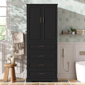 72.2 Inch Black Tall Freestanding Bathroom Cabinet with 3 Drawers Adjustable Shelf Soft Close Doors MDF Panels Steel Handles