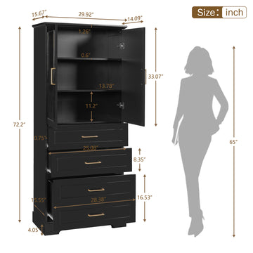 72.2 Inch Black Tall Freestanding Bathroom Cabinet with 3 Drawers Adjustable Shelf Soft Close Doors MDF Panels Steel Handles