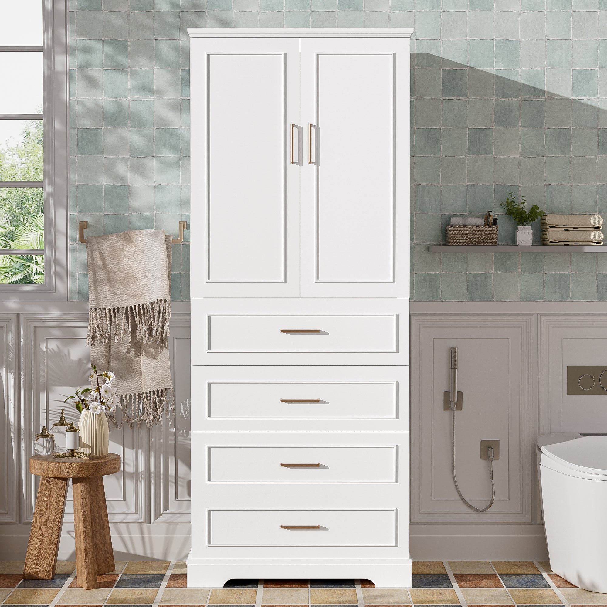 72.2 Inch Tall Freestanding Bathroom Cabinet with 3 Drawers Adjustable Shelf Soft Close Doors MDF Panels Steel Handles