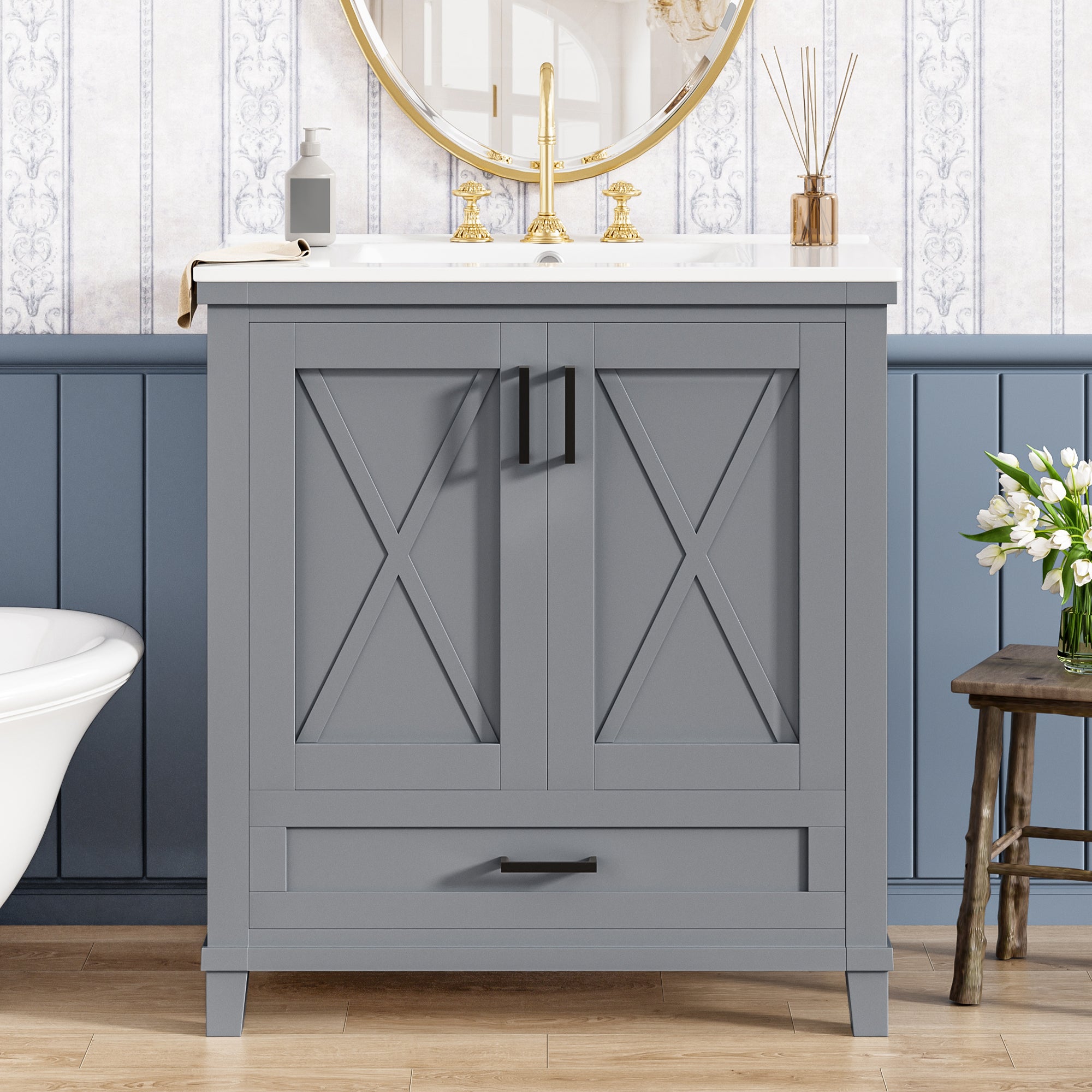 30 Inch Gray Bathroom Vanity with Ceramic Sink Solid Wood Frame MDF 2 Soft Close Doors 1 Drawer Dual Storage Shelves