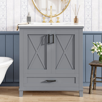 30 Inch Gray Bathroom Vanity with Ceramic Sink Solid Wood Frame MDF 2 Soft Close Doors 1 Drawer Dual Storage Shelves