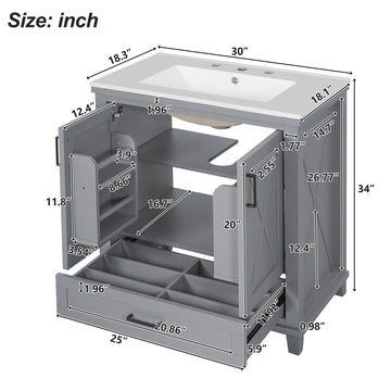 30 Inch Gray Bathroom Vanity with Ceramic Sink Solid Wood Frame MDF 2 Soft Close Doors 1 Drawer Dual Storage Shelves