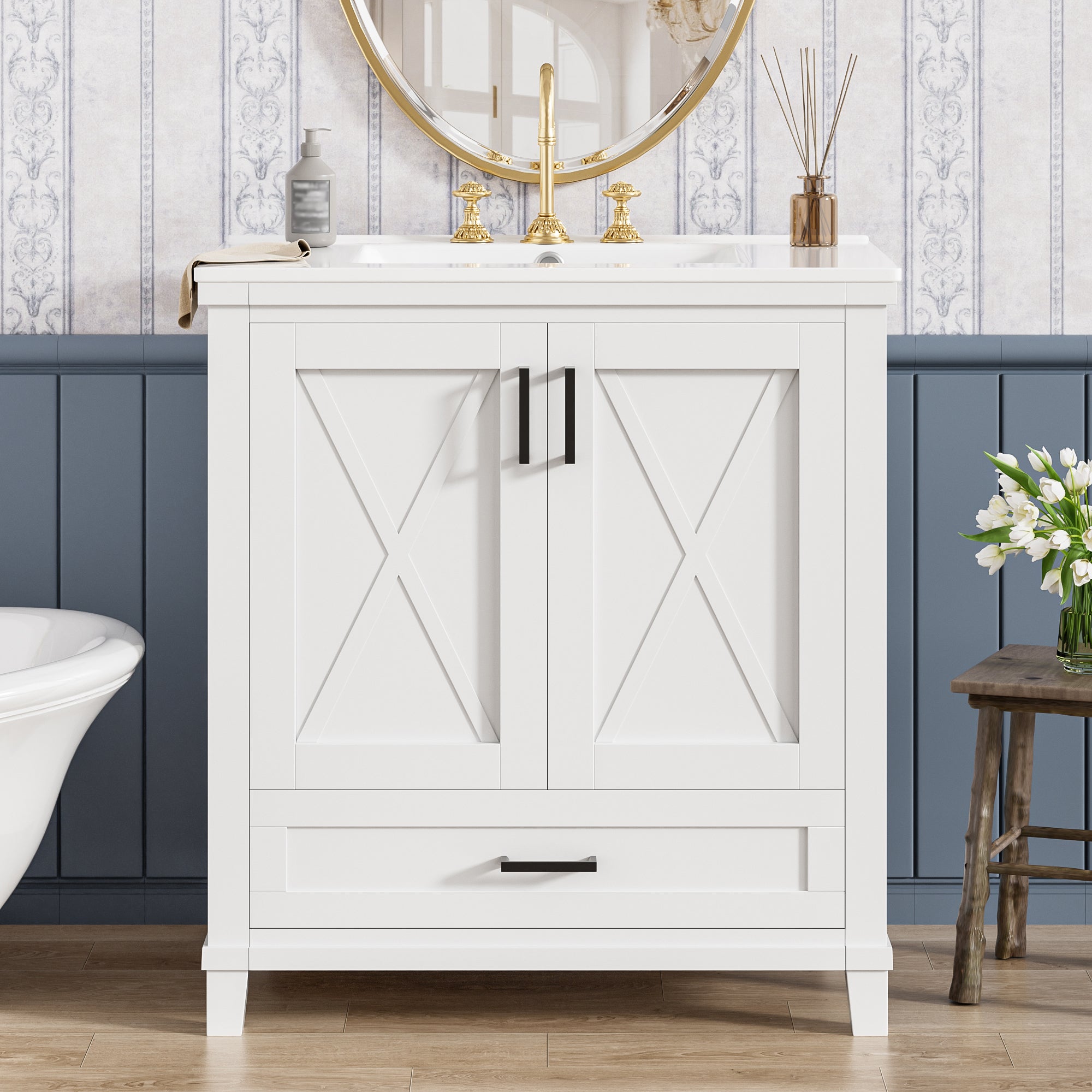 30 Inch Bathroom Vanity with Ceramic Sink Solid Wood Frame MDF 2 Soft Close Doors 1 Drawer Dual Storage Shelves