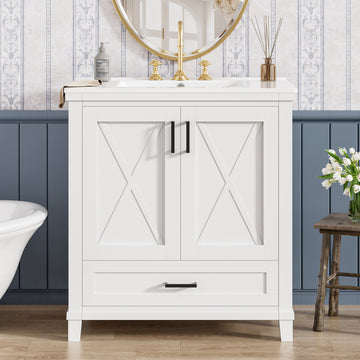 30 Inch Bathroom Vanity with Ceramic Sink Solid Wood Frame MDF 2 Soft Close Doors 1 Drawer Dual Storage Shelves
