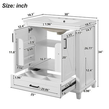 30 Inch Bathroom Vanity with Ceramic Sink Solid Wood Frame MDF 2 Soft Close Doors 1 Drawer Dual Storage Shelves
