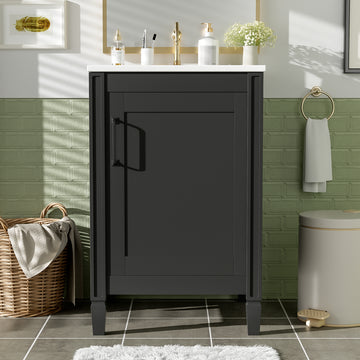 20 Inch Black Bathroom Vanity with Ceramic Sink Soft Close Door Adjustable U Shaped Shelf and Door Storage Rack