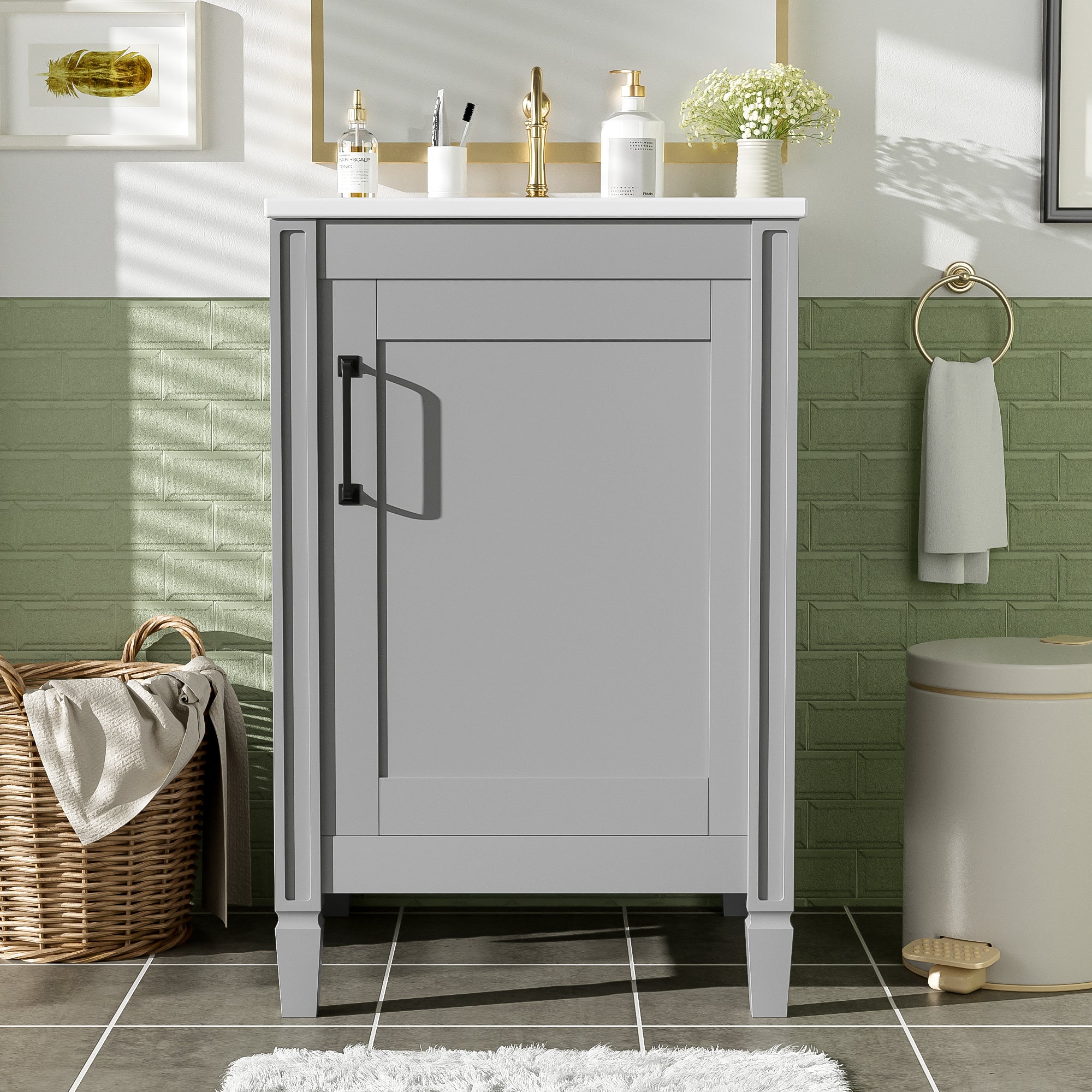 20 Inch Gray Bathroom Vanity with Ceramic Sink Soft Close Door Adjustable U Shaped Shelf and Door Storage Rack