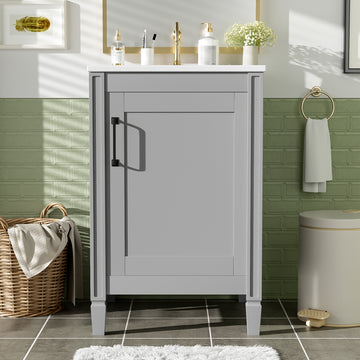 20 Inch Gray Bathroom Vanity with Ceramic Sink Soft Close Door Adjustable U Shaped Shelf and Door Storage Rack