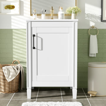 20 Inch White Bathroom Vanity with Ceramic Sink Soft Close Door Adjustable U Shaped Shelf and Door Storage Rack