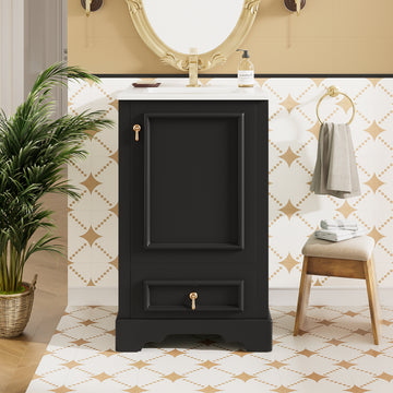 20 Inch Black Modern Bathroom Vanity with Ceramic Sink Soft Close Door Drawer Adjustable U-Shaped Shelf Door Storage Rack Solid Wood & MDF