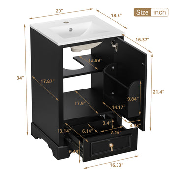 20 Inch Black Modern Bathroom Vanity with Ceramic Sink Soft Close Door Drawer Adjustable U-Shaped Shelf Door Storage Rack Solid Wood & MDF