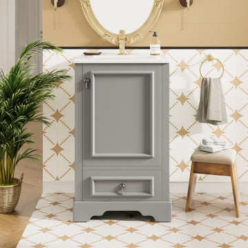 20 Inch Gray Bathroom Vanity with Ceramic Sink, Soft Close Door, Adjustable U-Shaped Shelf, Compartment Drawer, Door Storage Rack