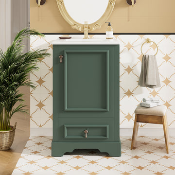 20 Inch Green Bathroom Vanity with Ceramic Sink, Soft Close Door, Adjustable U-Shaped Shelf, Compartment Drawer, Door Storage Rack
