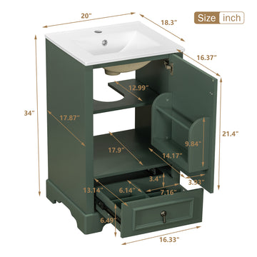 20 Inch Green Bathroom Vanity with Ceramic Sink, Soft Close Door, Adjustable U-Shaped Shelf, Compartment Drawer, Door Storage Rack