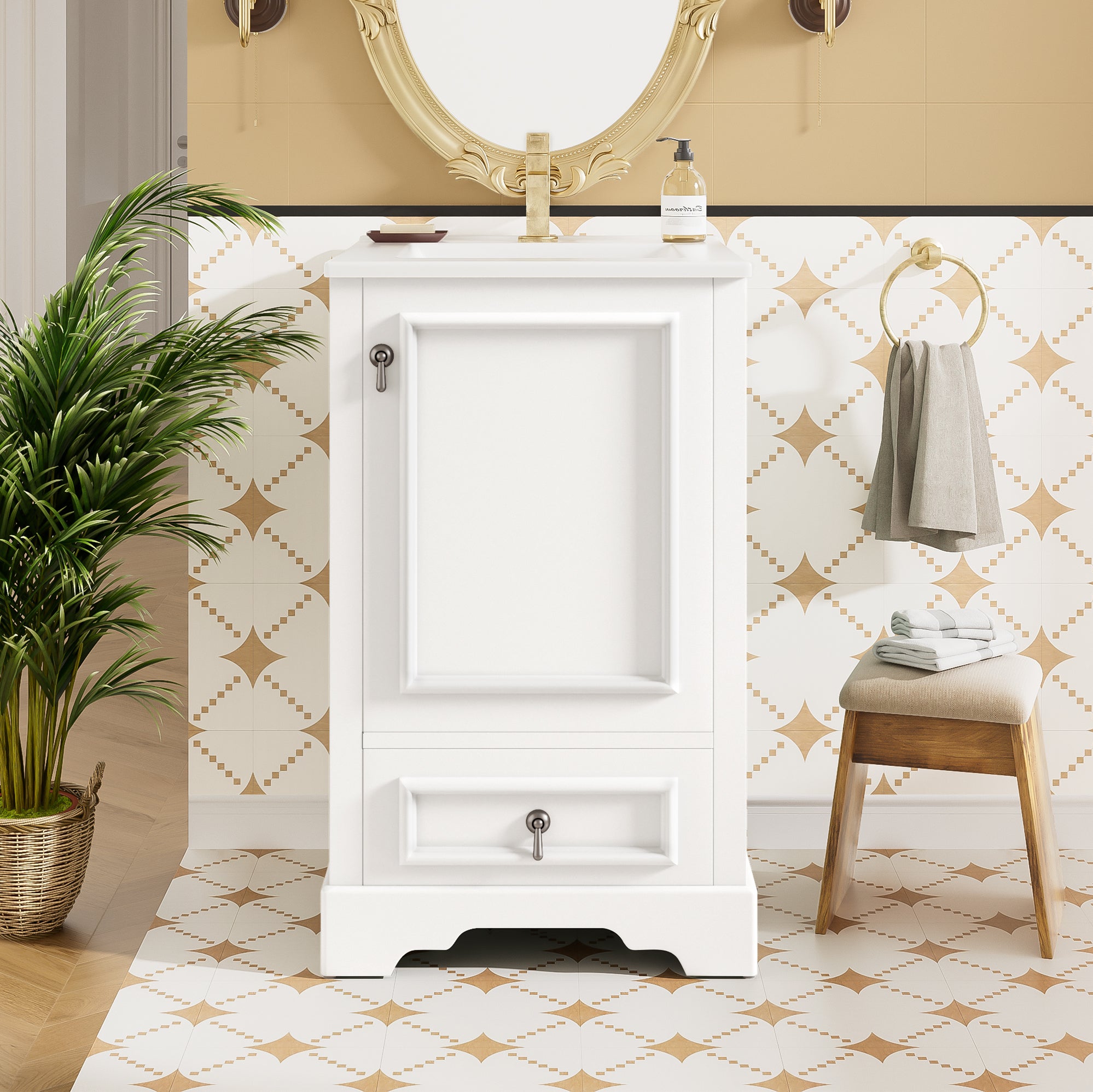 20 Inch White Modern Bathroom Vanity with Ceramic Sink Soft Close Door Drawer Adjustable U-Shaped Shelf Door Storage Rack Solid Wood & MDF