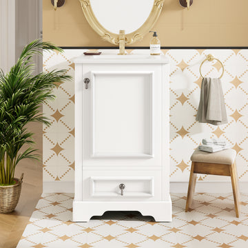 20 Inch White Modern Bathroom Vanity with Ceramic Sink Soft Close Door Drawer Adjustable U-Shaped Shelf Door Storage Rack Solid Wood & MDF