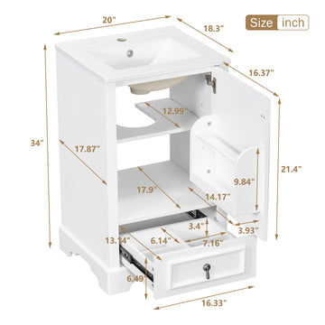 20 Inch White Modern Bathroom Vanity with Ceramic Sink Soft Close Door Drawer Adjustable U-Shaped Shelf Door Storage Rack Solid Wood & MDF