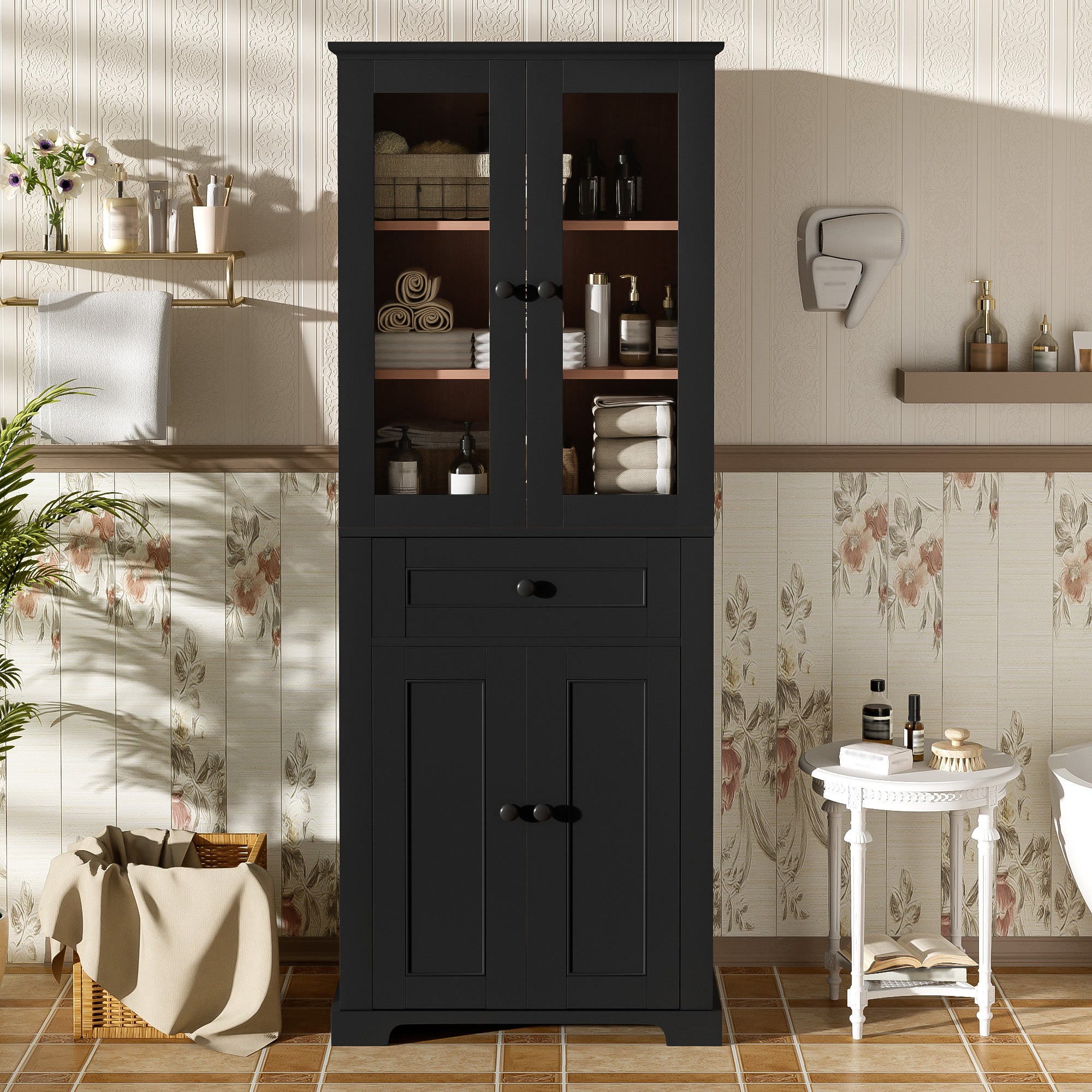 67.2 Inch Black Tall Bathroom Storage Cabinet with Tempered Glass Doors Adjustable Shelves Drawer Soft Close Modern Freestanding Linen Tower