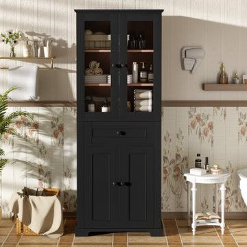 67.2 Inch Black Tall Bathroom Storage Cabinet with Tempered Glass Doors Adjustable Shelves Drawer Soft Close Modern Freestanding Linen Tower