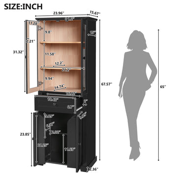 67.2 Inch Black Tall Bathroom Storage Cabinet with Tempered Glass Doors Adjustable Shelves Drawer Soft Close Modern Freestanding Linen Tower