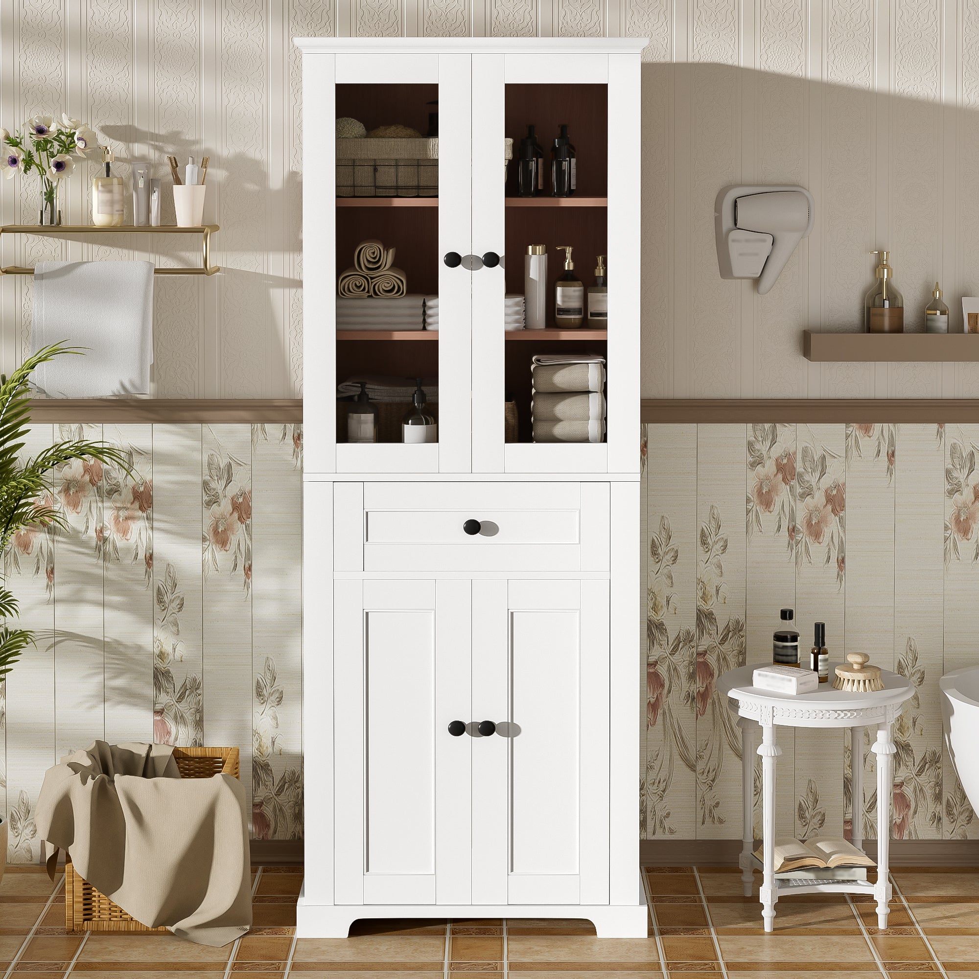 67.2 Inch Tall Bathroom Storage Cabinet with Tempered Glass Doors Adjustable Shelves Drawer Soft Close Modern Freestanding Linen Tower